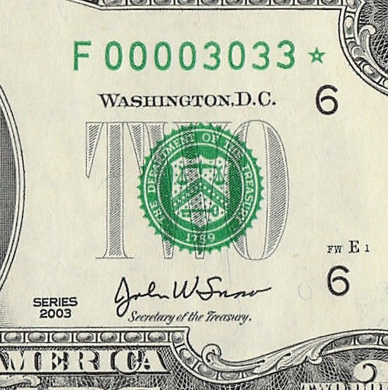 Binary Low Serial Number Star Note Two Dollar Bill F00003033* 3s 0s Atlanta