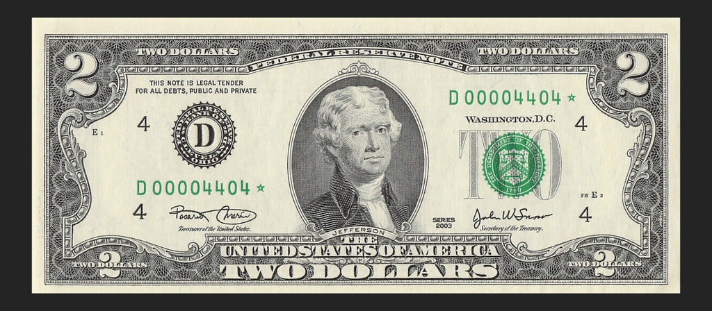 Binary Low Serial Number Star Note Two Dollar Bill D00004404* 4s 0s Cleveland