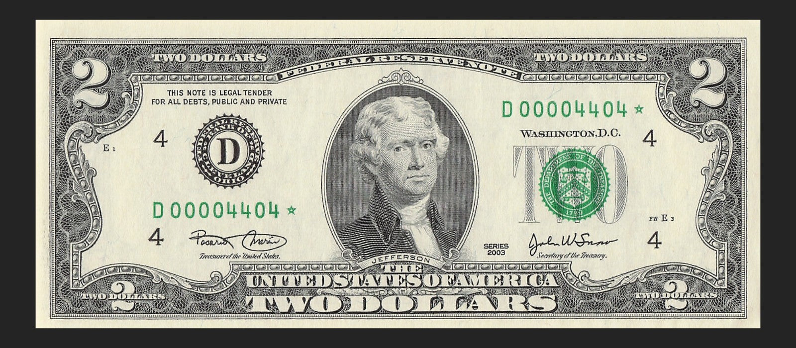 Binary Low Serial Number Star Note Two Dollar Bill D00004404* 4s 0s Cleveland