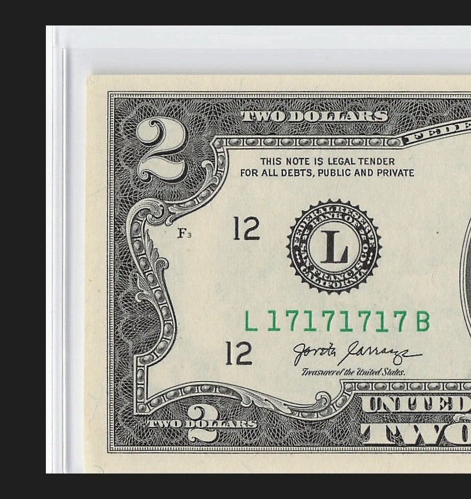 Super Repeater Two Dollar Bill Fancy Serial Number 2017A $2 Binary 1s 7s