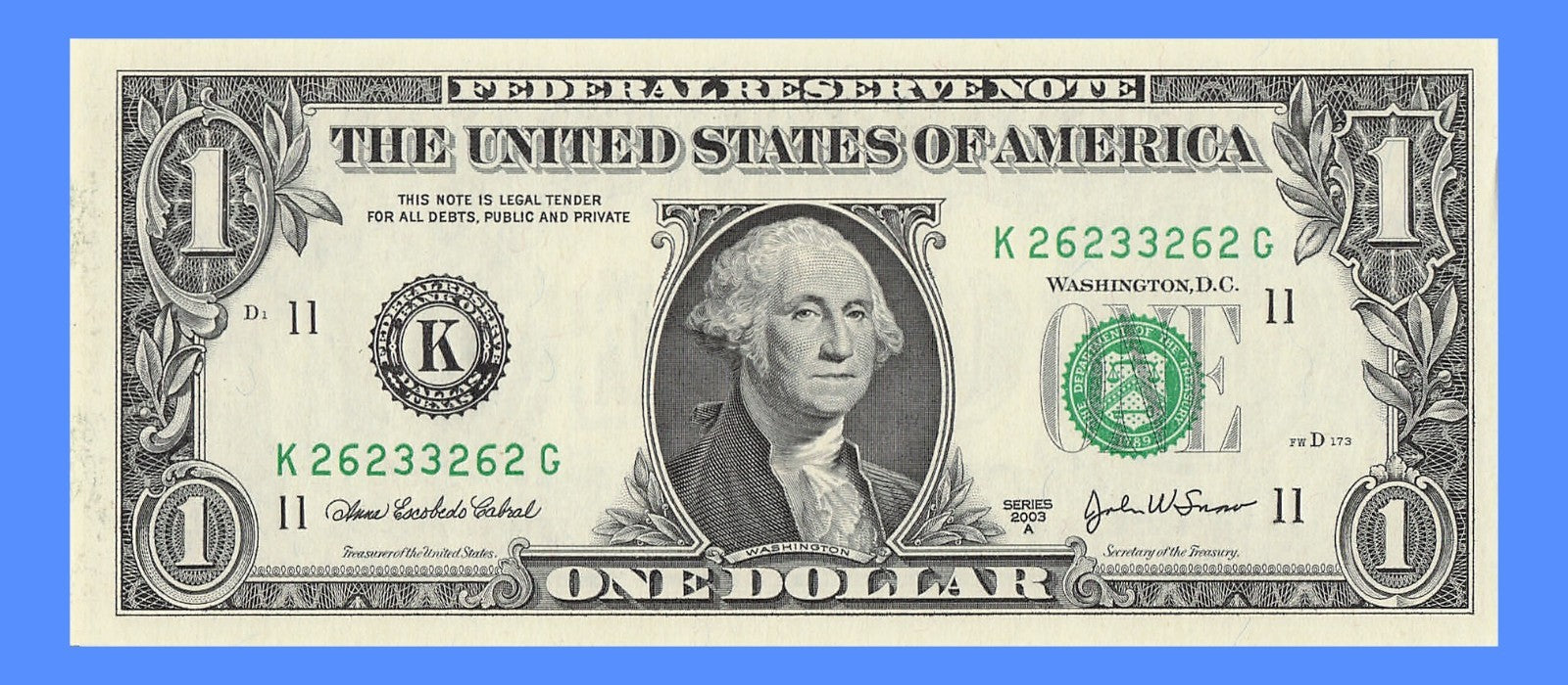 Radar Fancy Serial Number One Dollar Bill 3s 2s 6s 2003A KG Block