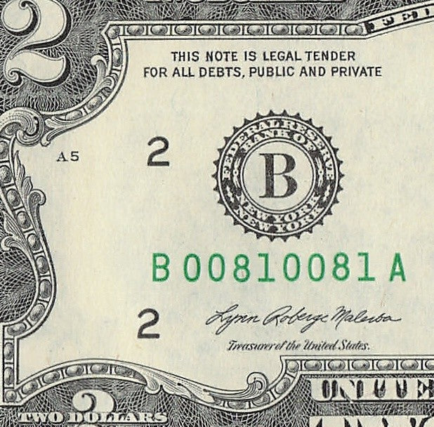 2021 $2 Two Dollar Bill Repeater Fancy Serial Number Janet Yellen 0s 8s 1s