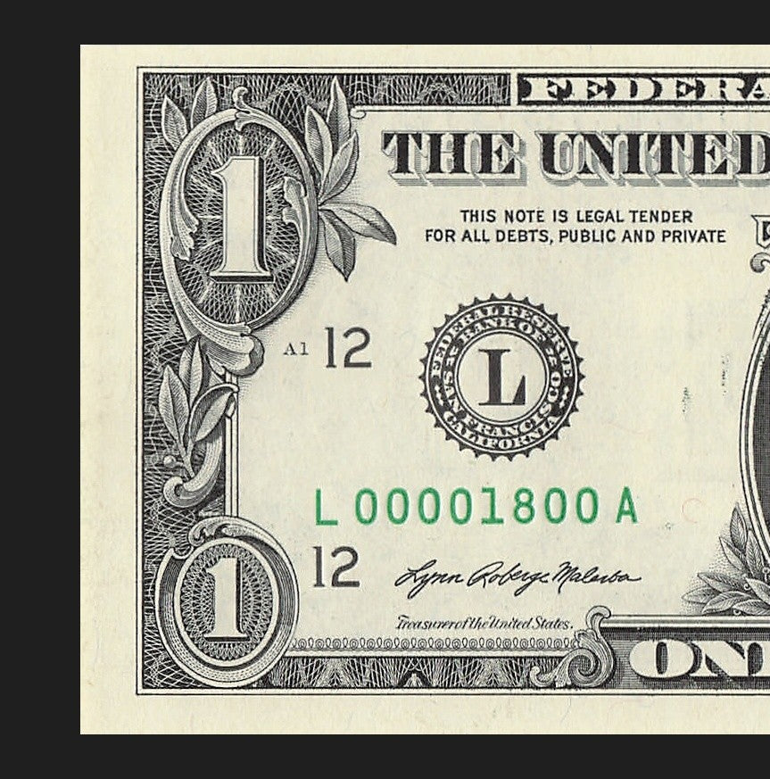 Low Serial Number One Dollar Bill 18 2021 LA Block $1