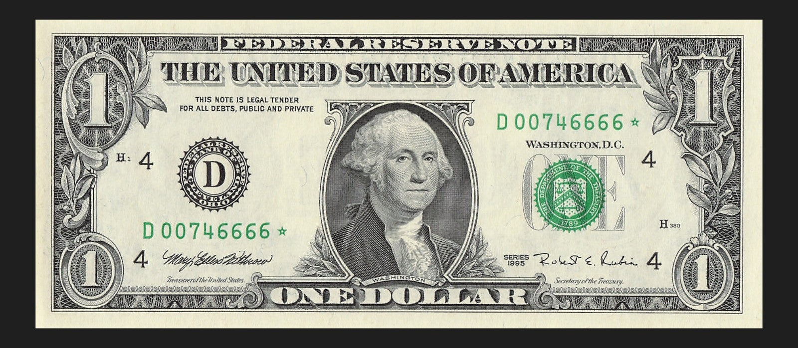 Star Note One Dollar Bill 1995 $1 D* Block Cleveland Run 1 Four in a Row 6s