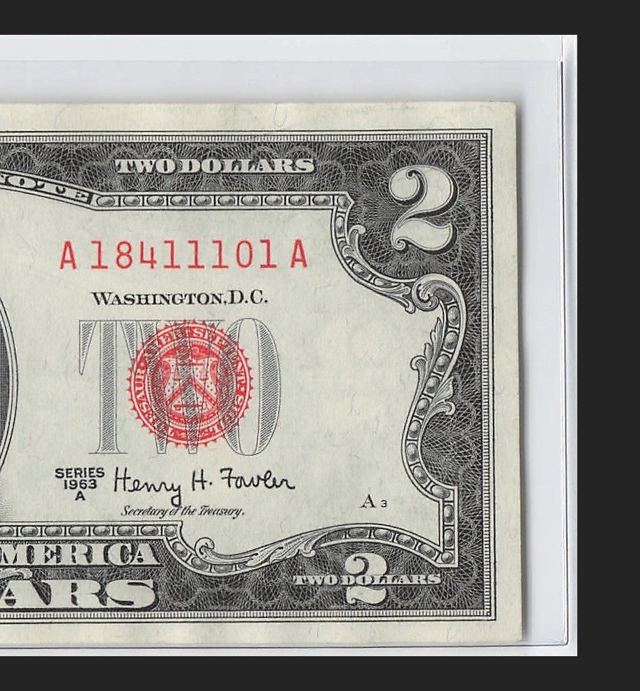 Five of a Kind 1s Fancy Serial Number Two Dollar Red Seal $2 1963A