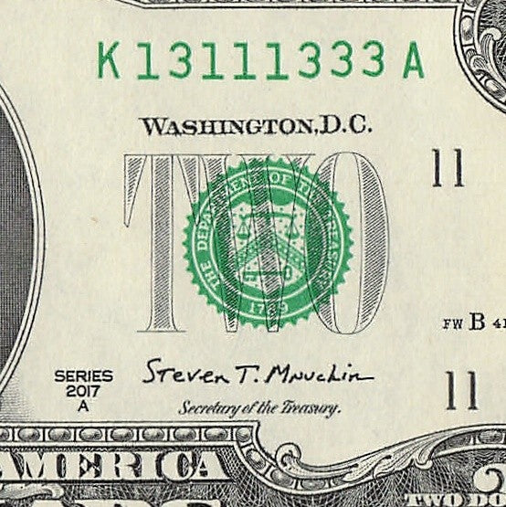 Binary Two Dollar Bill Fancy Serial Number 2017A $2 Dallas Binary 3s 1s