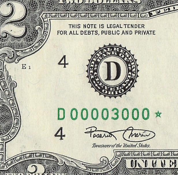 Binary Low Serial Number Star Note Two Dollar Bill D00003000* 3s 0s Cleveland