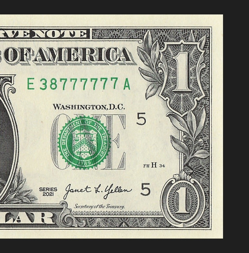 Six in a Row 7s Fancy Serial Number One Dollar Bill EA Block 2021 $1 Trailing