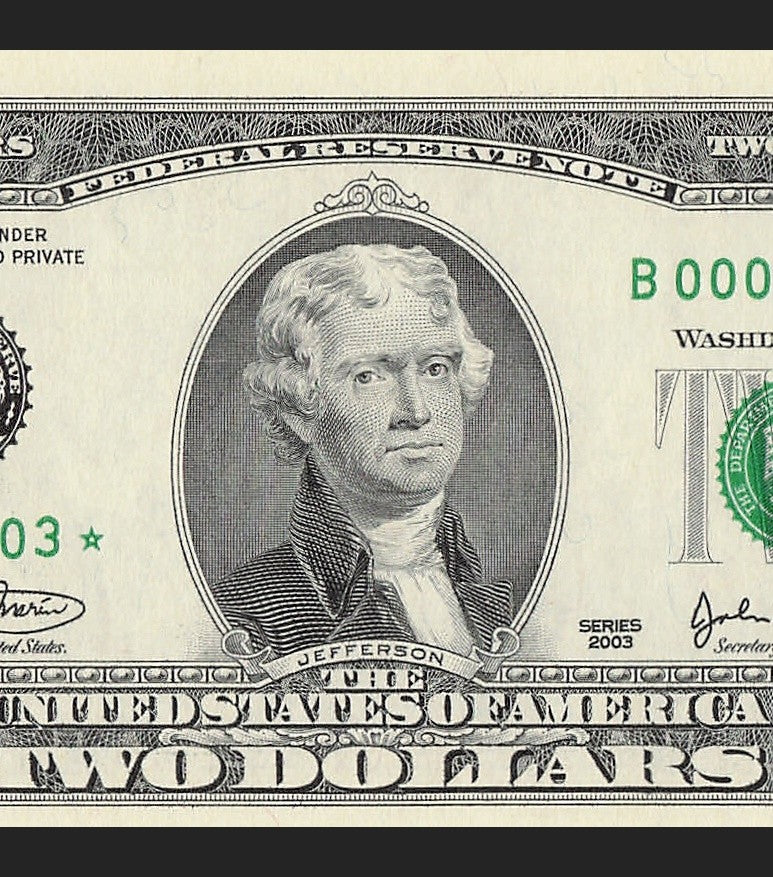 Binary Low Serial Number Star Note Two Dollar Bill B00003303* 0s 3s New York