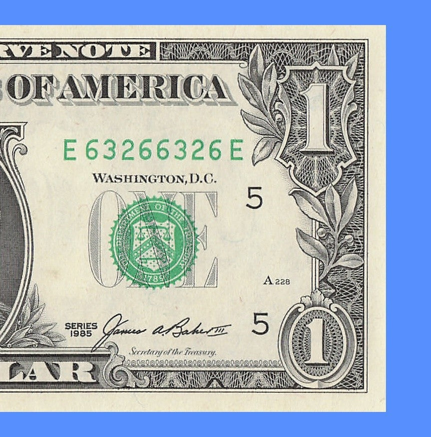 Repeater Fancy Serial Number One Dollar Bill 1985 2s 3s 6s EE Block Trinary