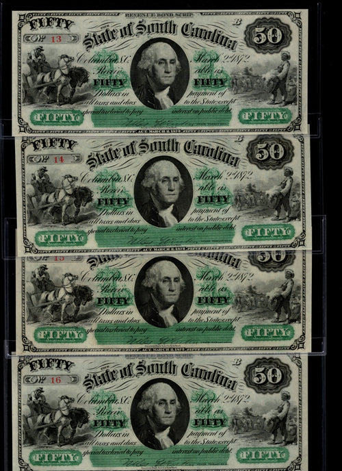 1872 South Carolina $20 and $50 Obsolete Bank Note Low Serial Number Set of 8