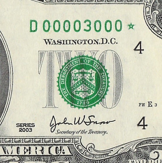 Binary Low Serial Number Star Note Two Dollar Bill D00003000* 3s 0s Cleveland