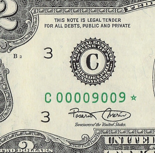 Binary Low Serial Number Star Note Two Dollar Bill C00009009* 9s 0s Philadelphia