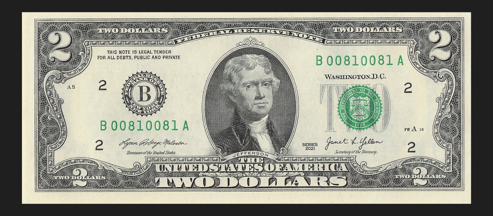 2021 $2 Two Dollar Bill Repeater Fancy Serial Number Janet Yellen 0s 8s 1s