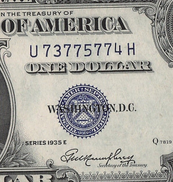 Five of a kind 7s Fancy Serial Number Silver Certificate 1935E $1 UNC