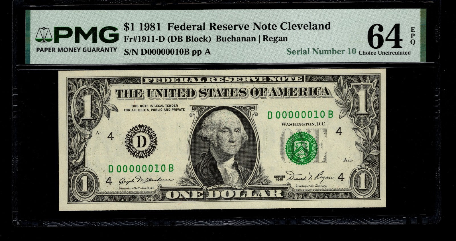 Low Serial Number 10 Fancy Serial Number One Dollar Bill PMG D00000010B