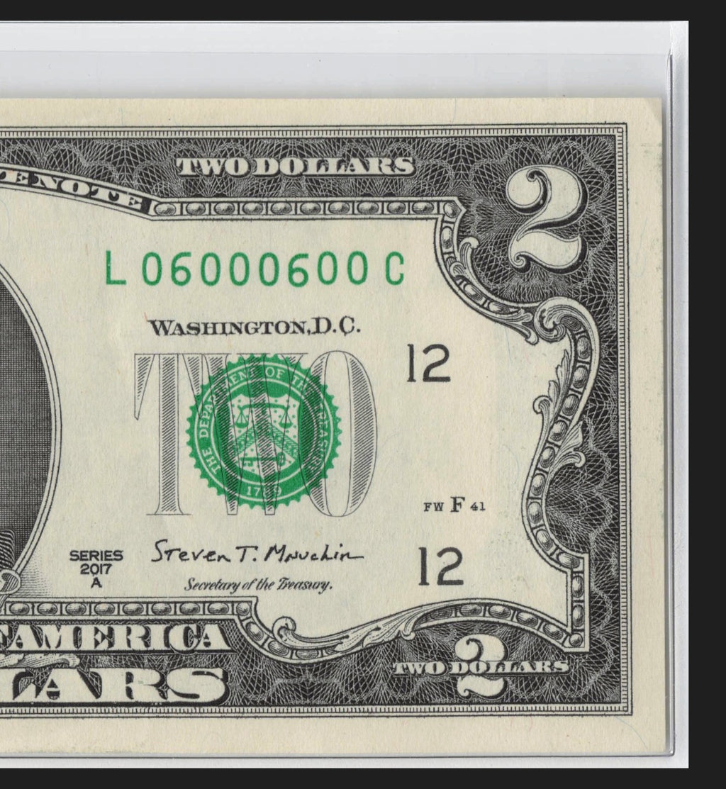 $2 Flipper Binary Repeater Fancy Serial Number Two Dollar Bill 0s 6s