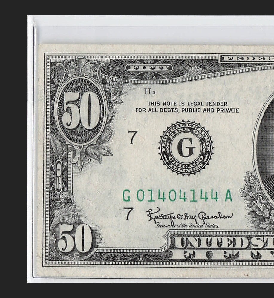 Trinary Fancy Serial Number Fifty Dollar Federal Reserve Note 0s 1s 4s 1963A