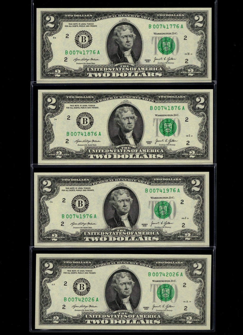 July 4th 1776 Two Dollar Set New 2021 $2 Series 50 year set of 4 Notes
