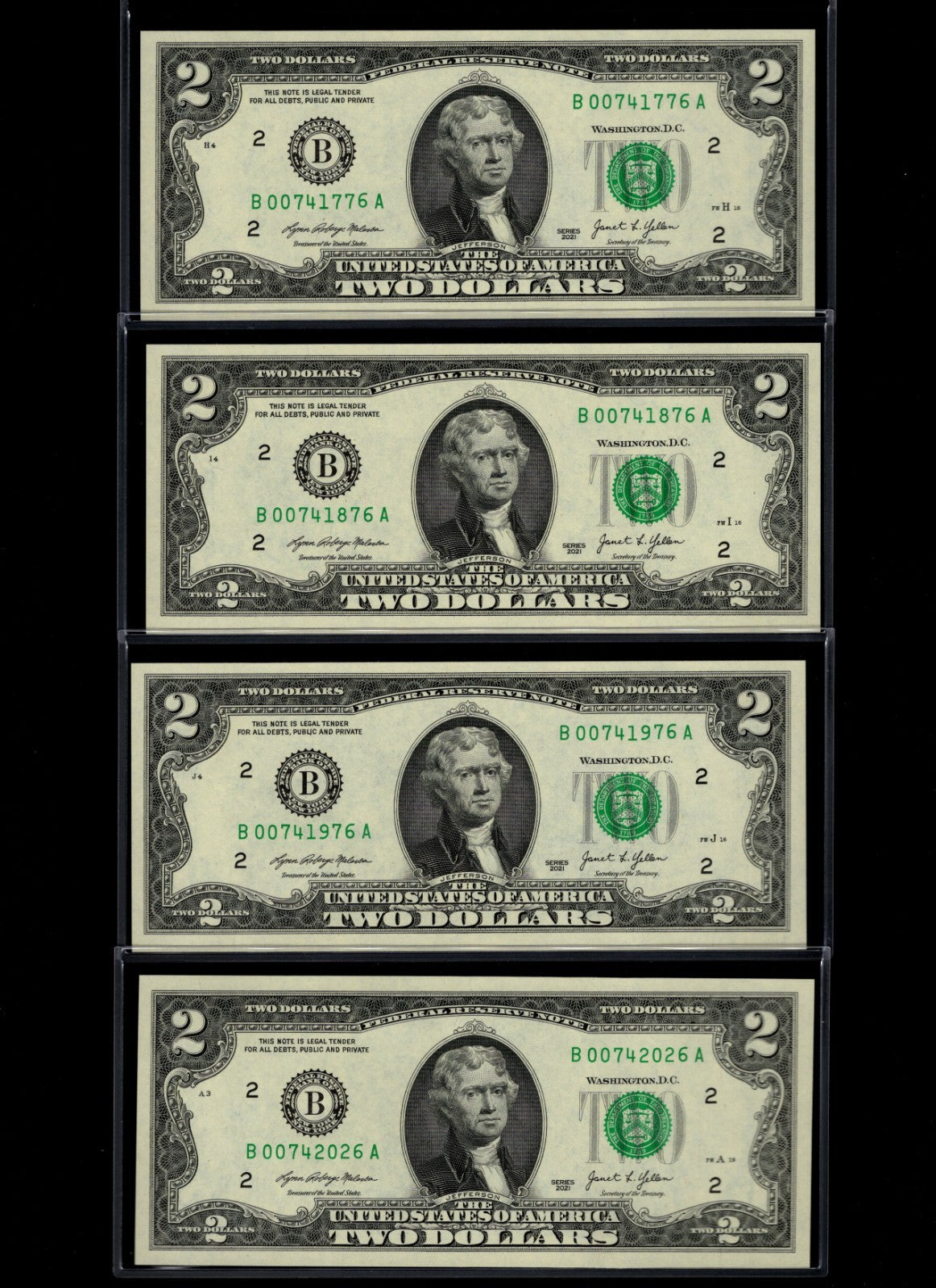 July 4th 1776 Two Dollar Set New 2021 $2 Series 50 year set of 4 Notes