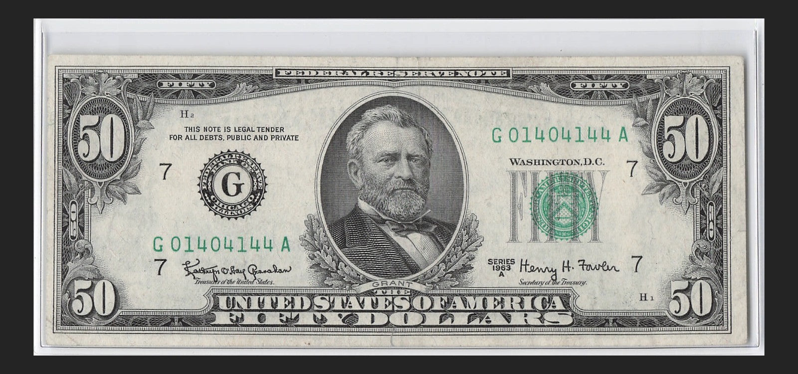 Trinary Fancy Serial Number Fifty Dollar Federal Reserve Note 0s 1s 4s 1963A