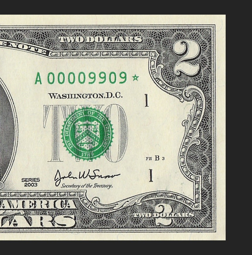 Binary Low Serial Number Star Note Two Dollar Bill A00009909* 9s 0s Boston