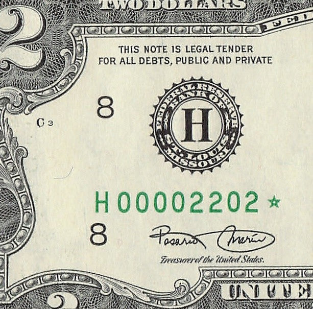 Binary Low Serial Number Star Note Two Dollar Bill H00002202* 2s 0s St Louis