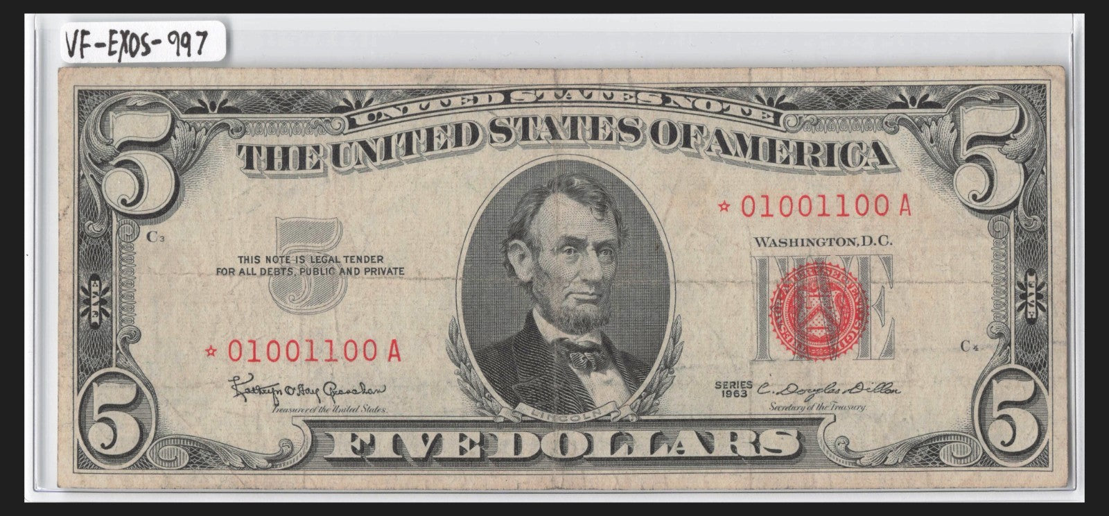 True Binary Star Note 0s 1s Fancy Serial Number Five Dollar Red Seal 1963