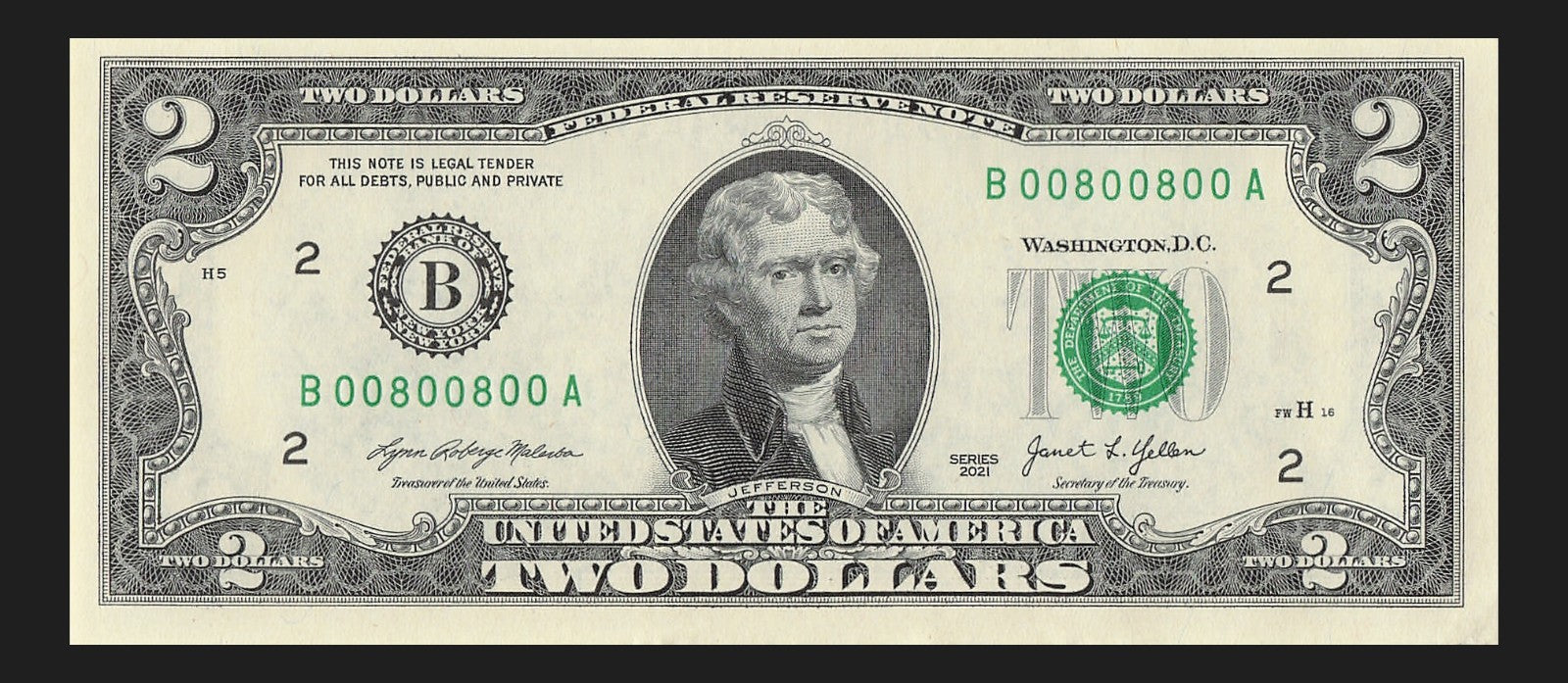 2021 $2 Two Dollar Bill Binary Radar Fancy Serial Number 0s 8s Janet Yellen