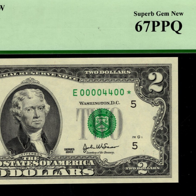 Binary Star Note Fancy Serial Number Two Dollar Bill PCGS 67 PPQ