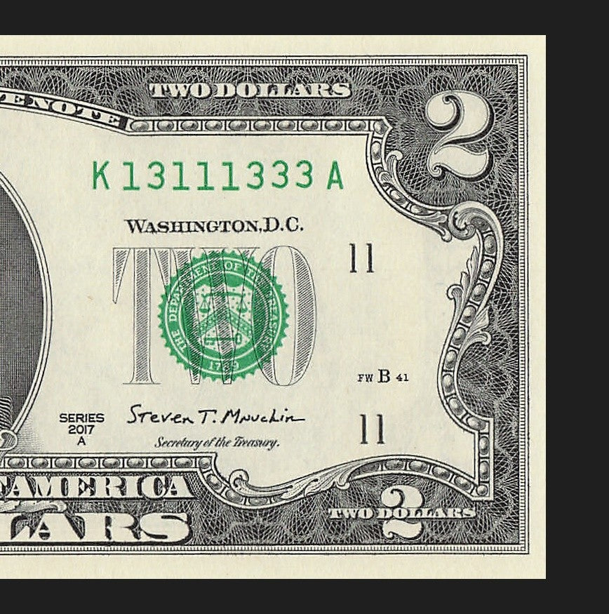 Binary Two Dollar Bill Fancy Serial Number 2017A $2 Dallas Binary 3s 1s