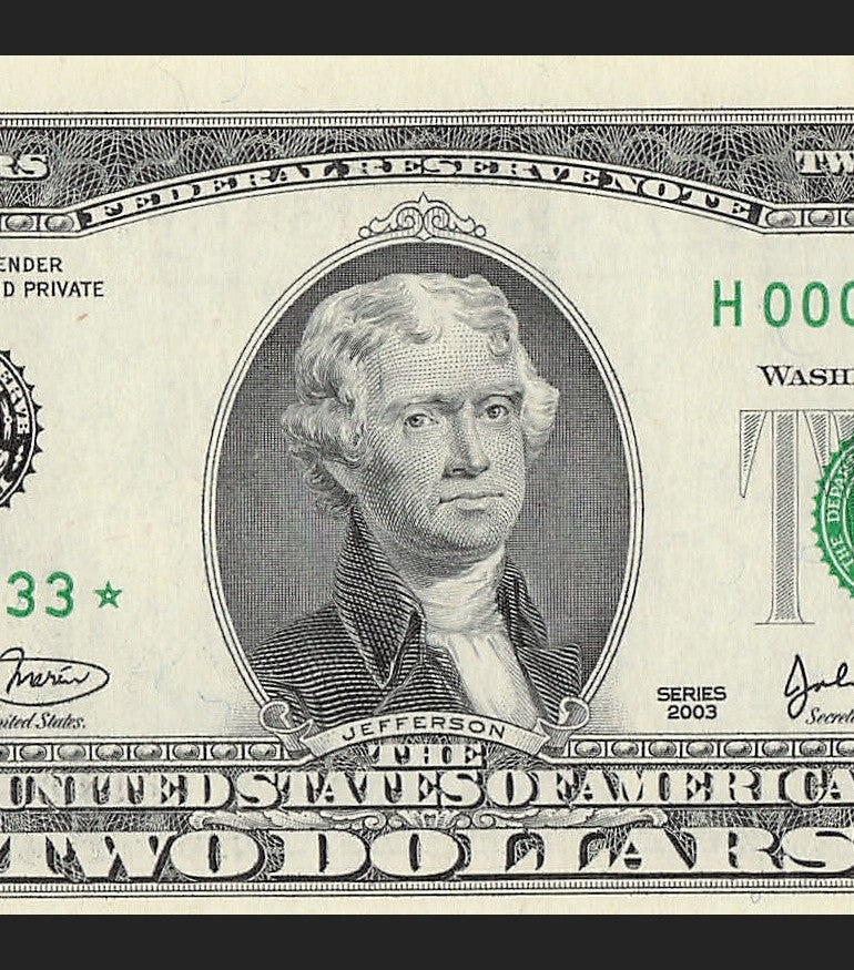 Binary Low Serial Number Star Note Two Dollar Bill H00003033* 3s 0s St Louis
