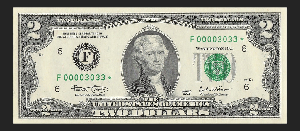 Binary Low Serial Number Star Note Two Dollar Bill F00003033* 3s 0s Atlanta
