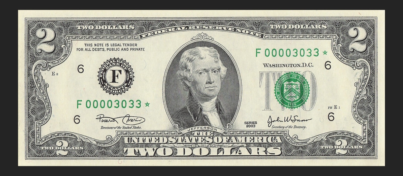 Binary Low Serial Number Star Note Two Dollar Bill F00003033* 3s 0s Atlanta