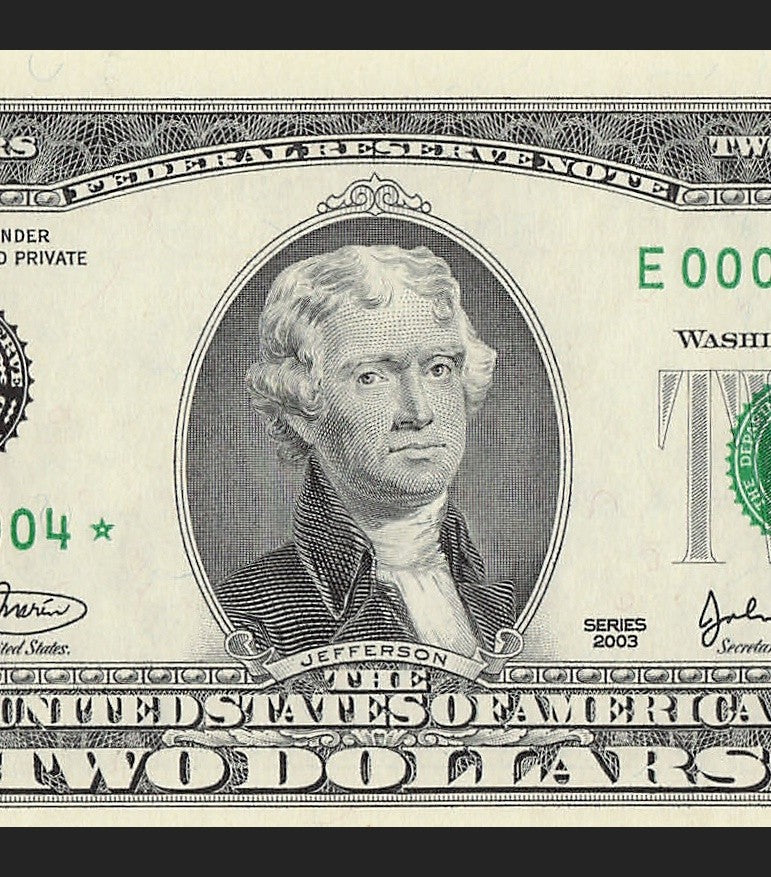 Binary Low Serial Number Star Note Two Dollar Bill E00004004* 4s 0s Richmond