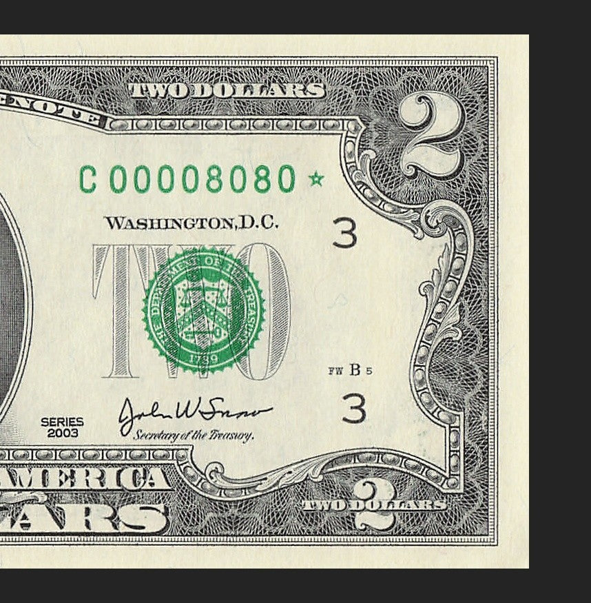 Binary Low Serial Number Star Note Two Dollar Bill C00008080* 8s 0s Philadelphia