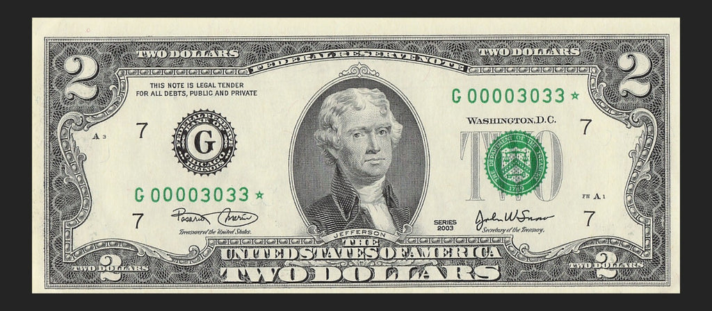 Binary Low Serial Number Star Note Two Dollar Bill G00003033* 3s 0s Chicago