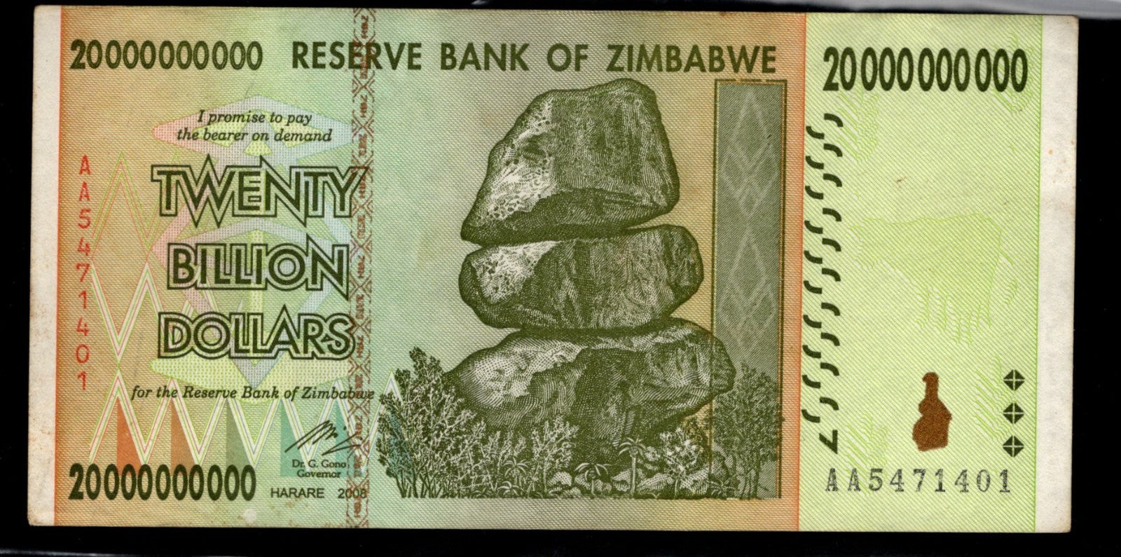 Twenty Billion Dollars Reserve Bank of Zimbabwe XF-AU Condition Lot of 1