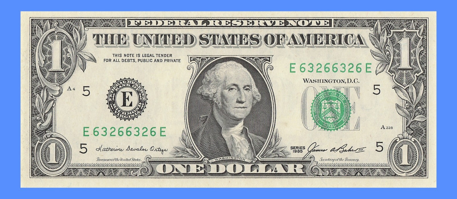 Repeater Fancy Serial Number One Dollar Bill 1985 2s 3s 6s EE Block Trinary