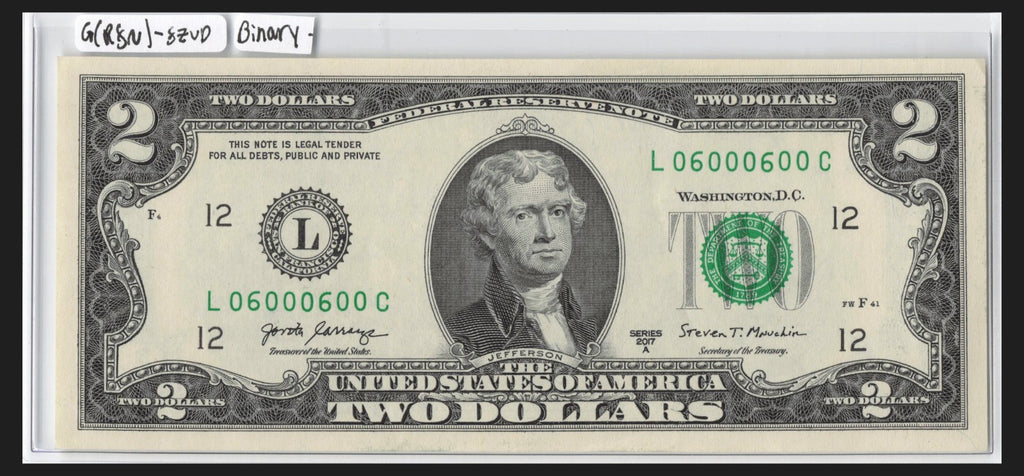 $2 Flipper Binary Repeater Fancy Serial Number Two Dollar Bill 0s 6s