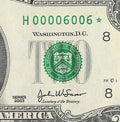 Binary Low Serial Number Star Note Two Dollar Bill H00006006* 6s 0s St Louis
