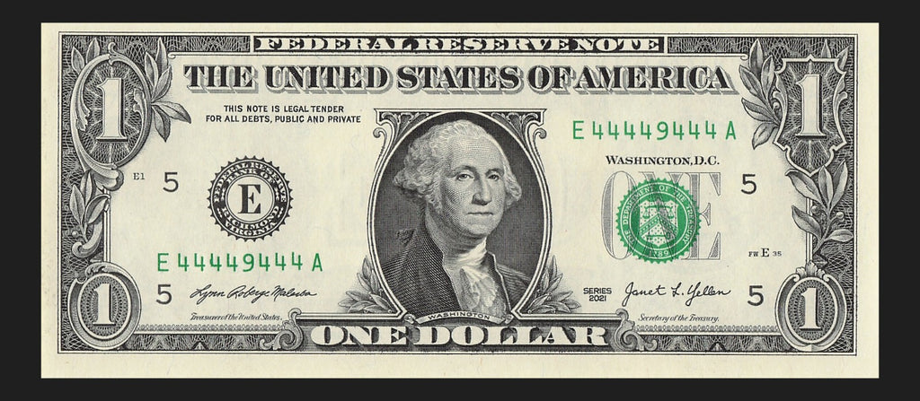 Seven of a Kind 4s One Dollar Bill Fancy Serial Number 2021 $1 EA Block
