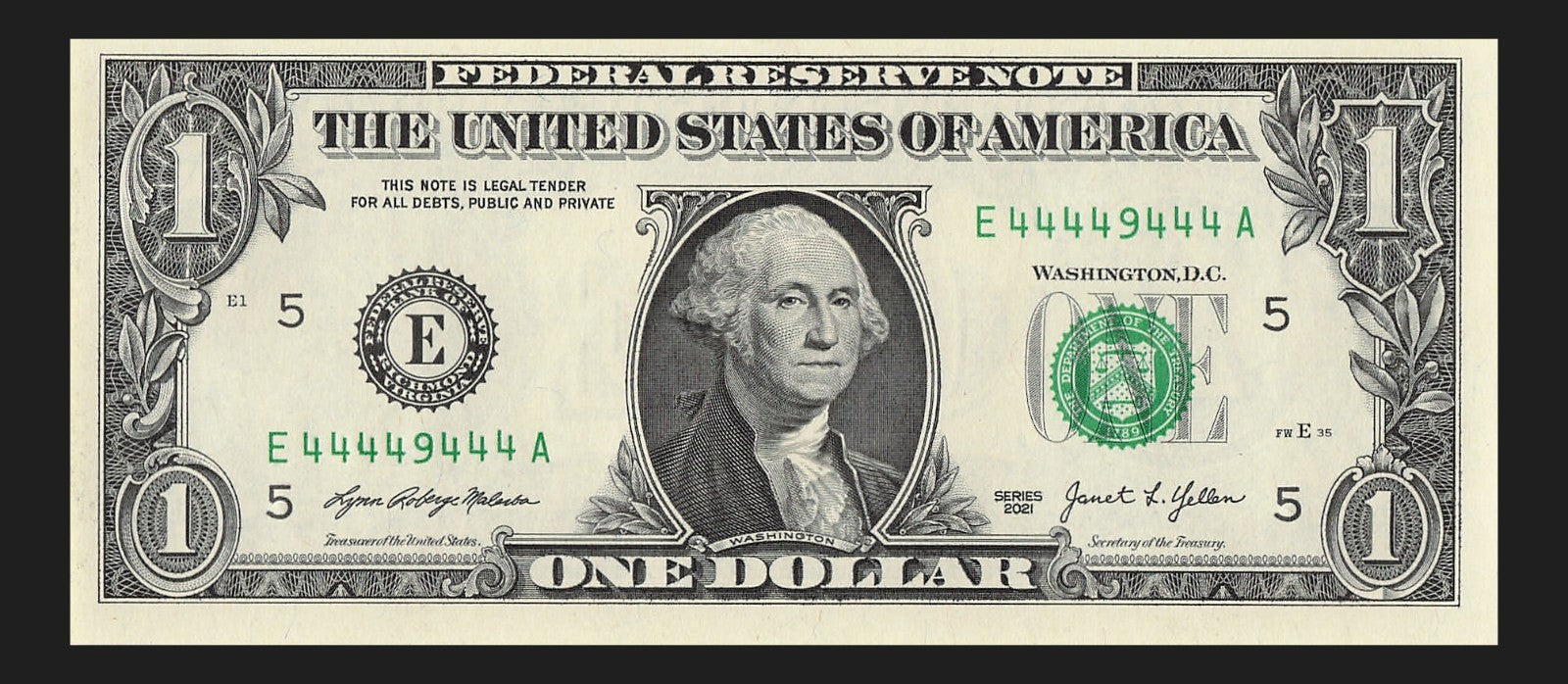 Seven of a Kind 4s One Dollar Bill Fancy Serial Number 2021 $1 EA Block