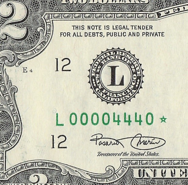 Binary Low Serial Number Star Note Two Dollar Bill L00004440* 4s 0s 444