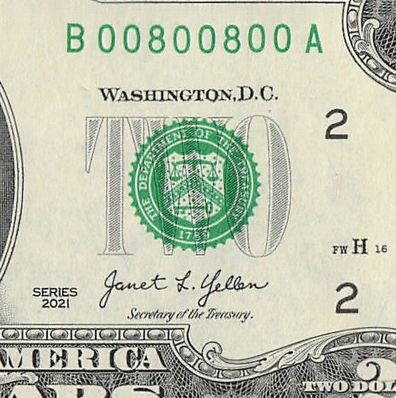 2021 $2 Two Dollar Bill Binary Radar Fancy Serial Number 0s 8s Janet Yellen