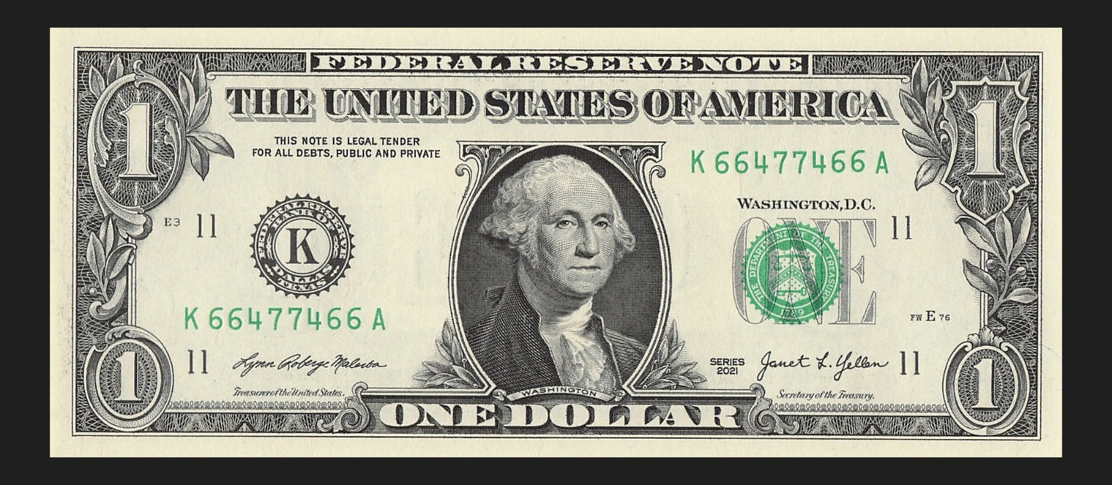 Radar Fancy Serial Number One Dollar Bill 2021 $1 KA Palindrome 4s 6s 7s