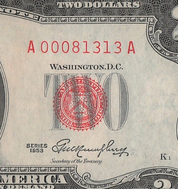 Low Serial Number Fancy Serial Number Two Dollar Red Seal 1953