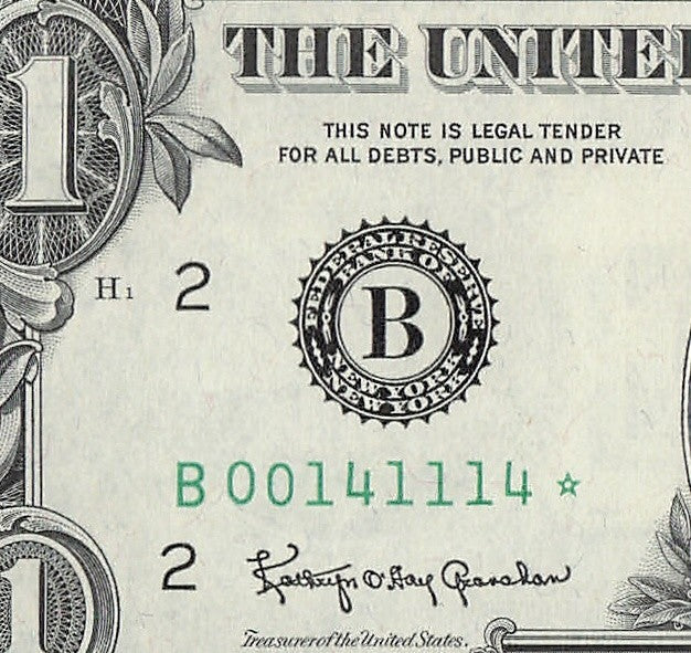 Star Note One Dollar Bill 1963 $1 B* Block New York Run 1 Low Serial Trinary