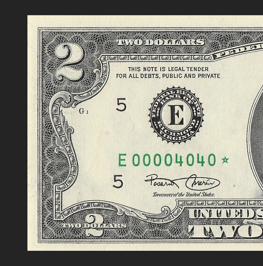 Binary Low Serial Number Star Note Two Dollar Bill E00004040* 4s 0s Richmond