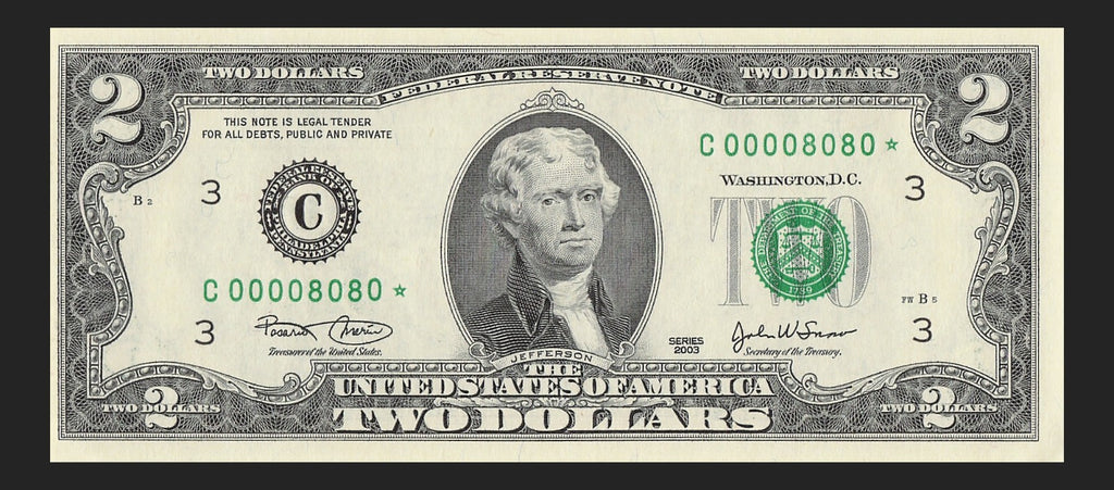 Binary Low Serial Number Star Note Two Dollar Bill C00008080* 8s 0s Philadelphia